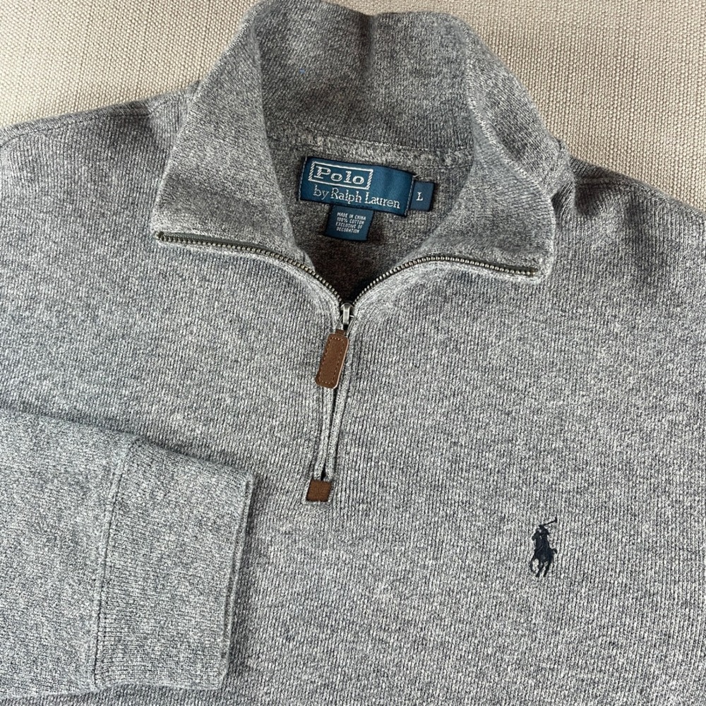 Polo Ralph Lauren Quarter Zip Sweater Mens L Gray Cotton Mock Neck Pullover